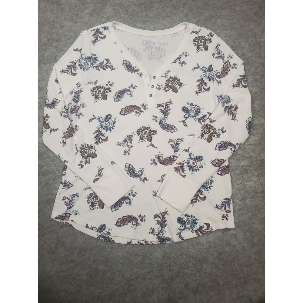Time And Tru Women's 3XL White Paisley Print Waffle Knit Henley Shirt